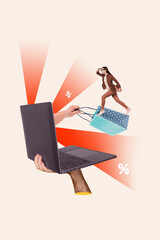 Creative poster collage of pretty young female running netbook ecommerce enjoy shopping advert...