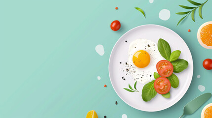 Simple Healthy Breakfast Plate with Fried Egg, Tomatoes, and Basil on Turquoise Background