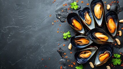 Mussels top view on dark background - obrazy, fototapety, plakaty