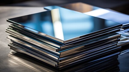 Mirrored glass sheets stack. Decorative reflective window material sample