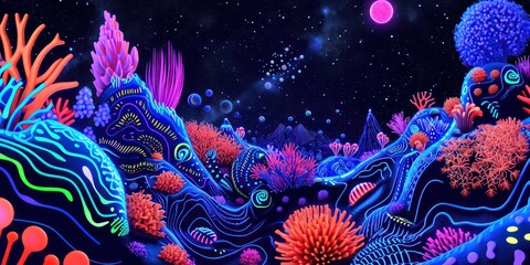 Under the sea fluorescent neon blacklight background.