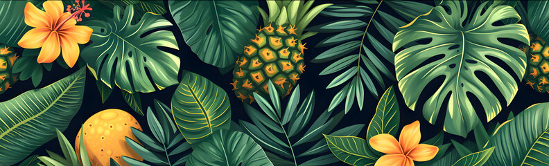 Background with jungle plants and pineapple. Invitation card with plant motif.	