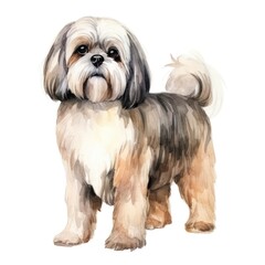 Lhasa Apso dog breed watercolor illustration. Cute pet drawing isolated on white background.