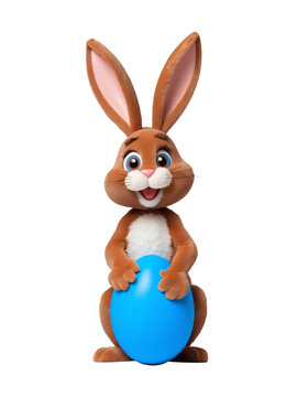 funny cute easter bunny character with big blue egg