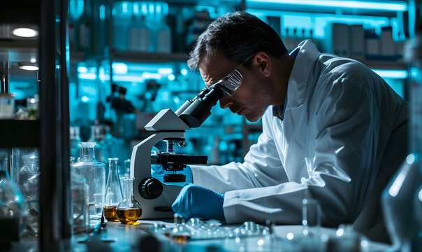Scientist in blue glove using microscope in biotechnology laboratory, research and developement concept