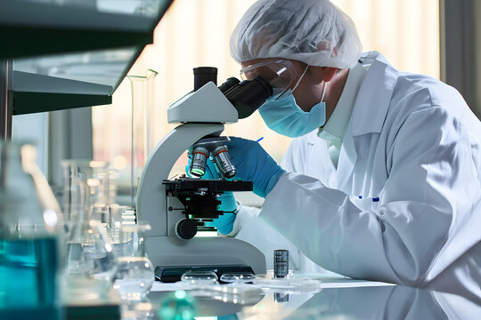 Scientist in glove using microscope in biotechnology laboratory, research and developement concept.