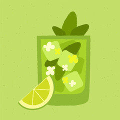 Old fashion glass. Cocktail with lime, mint, flowers. Cool alcohol drink for bar. Chamomile tea. Soft alcohol liquid for event and party. Non-alcoholic beverage. Flat vector illustration with texture