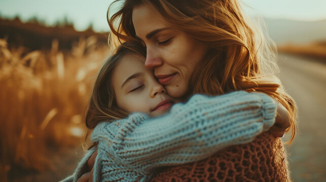 Una madre abrazando a su hija en medio del campo un d&iacute;a de oto&ntilde;o