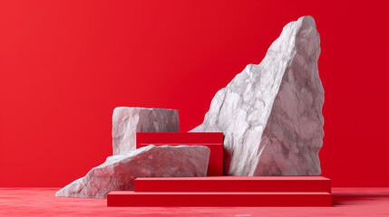 Minimal red circle podium rough surface rock geometric stone shape background, mockup for podium display or showcase