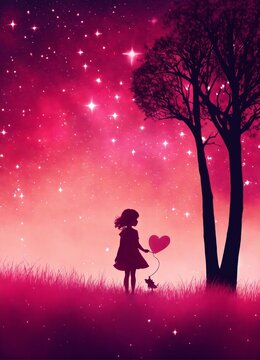 Artistic little girl and tree figure in the form of silhouette,with decrescent and stars in the sky.