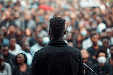 Spectacular afro american male politician speaks on stage in front of crowds
