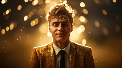 blonde man glitter on his face, gold glittering suit on gold glitter background, looking at camera