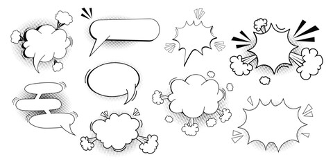 Set pow bubble speech comic expression frame cartoon doodle isolated on white background. Boom explode effect, halftone decoration,