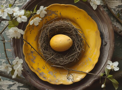 Easter Day background with easter egg placing on vintage pastel yellow plate with nest and decorated with flower