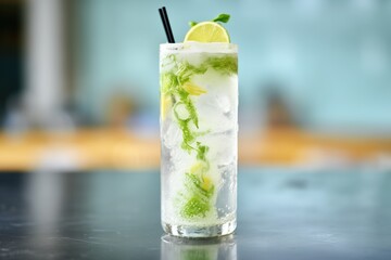 close up of bubbles and ice in a fizzy virgin mojito - obrazy, fototapety, plakaty