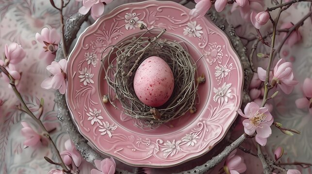 Easter Day background with easter egg placing on vintage pastel pink plate with nest and decorated with flower