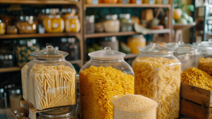 A shelf stocked with grains and pasta in reusable glass jars for sustainable shopping.