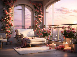 Fototapeta na wymiar Honeymoon couple messy hotel room balcony in the morning decorated with beautiful roses
