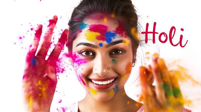 Beautiful indian girl with playcard written "Holi" on white background,