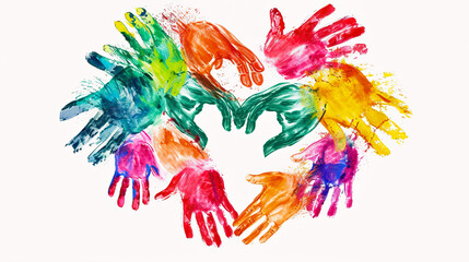 Obraz na płótnie Canvas Colorful handprints forming a heart shape, symbolizing love and unity