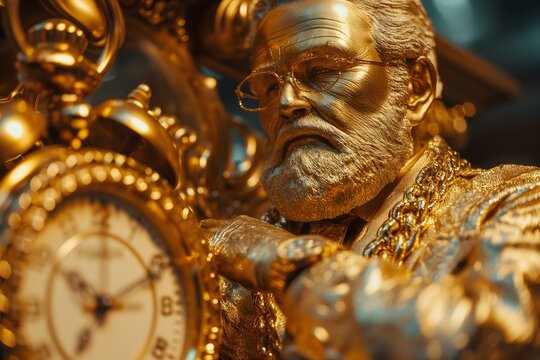 Gilded timekeeper: An antique clock encircled by money, an elderly man transformed into a golden statue. A premium image illustrating the 'Time is Money' concept.