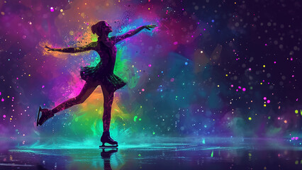 Fototapeta premium Luminous Performance: Figure Skating Girl in Neon Watercolor Style