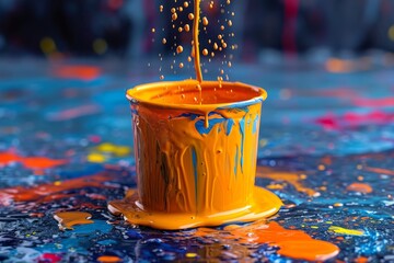 Colorful splash of oil paint from a bucket , splash of rainbow color paint