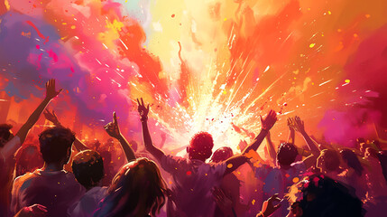 Fototapeta na wymiar Digital depiction of friends engaged in a lively color battle