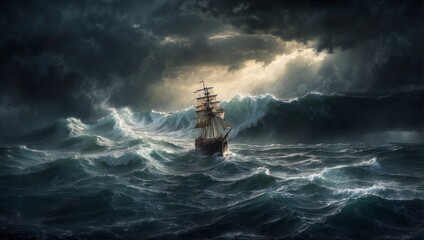 A dramatic seascape showing a lone ship battling a storm, with towering waves and dark, ominous clouds Generative AI