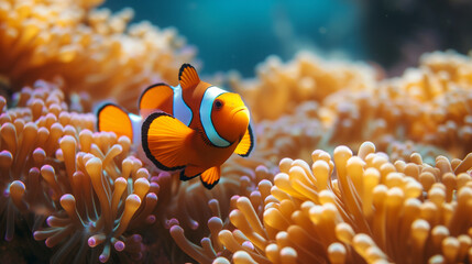 Orange clownfish swim among the tentacles of anemones, symbiosis of fish and anemones. A group of clown fish swimming in an anemone. Clownfish anemone fish in tropical saltwater coral garden  - obrazy, fototapety, plakaty