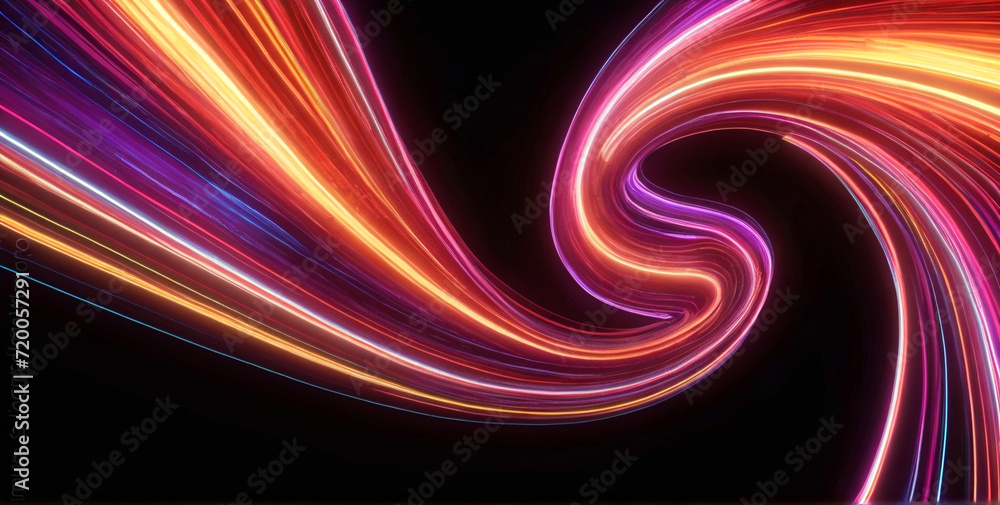 Aufkleber abstract panoramic background of curvy dynamic neon lines glowing in the dark room with floor reflec