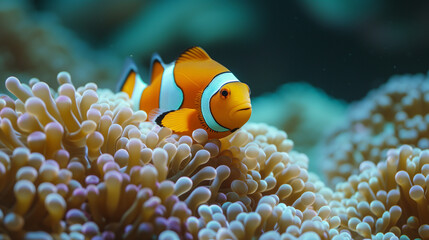 Orange clownfish swim among the tentacles of anemones, symbiosis of fish and anemones. A group of clown fish swimming in an anemone. Clownfish anemone fish in tropical saltwater coral garden  - obrazy, fototapety, plakaty
