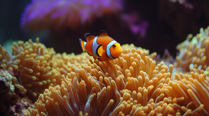 Fototapeta na wymiar Orange clownfish swim among the tentacles of anemones, symbiosis of fish and anemones. A group of clown fish swimming in an anemone. Clownfish anemone fish in tropical saltwater coral garden 