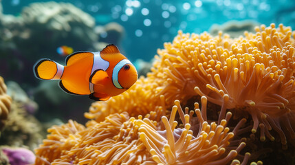 Naklejka premium Orange clownfish swim among the tentacles of anemones, symbiosis of fish and anemones. A group of clown fish swimming in an anemone. Clownfish anemone fish in tropical saltwater coral garden 