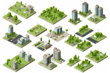 Isometric Vector Art Sprite Sheet, Illustrating Urban Streets with Parks and Green Spaces, Featured on an Isolated White Background, Generative AI