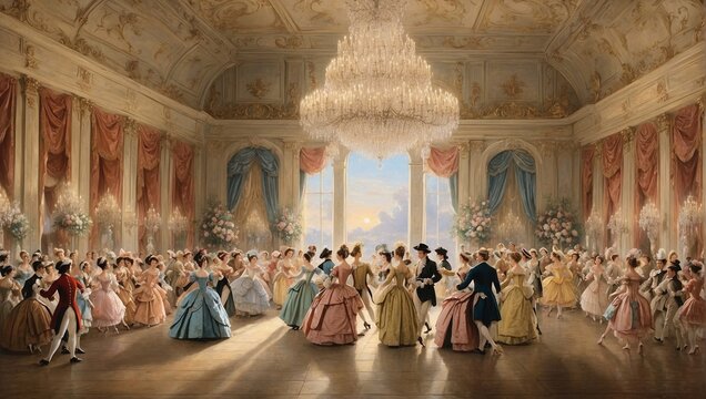 A historical painting depicting a grand ballroom scene from the 18th century, with detailed costumes and elegant dancers Generative AI