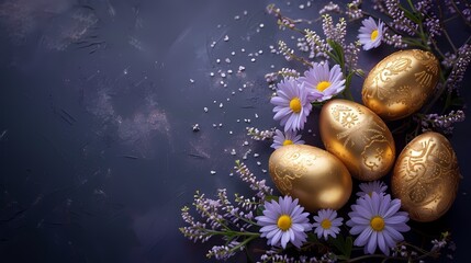 Easter Day background with luxury golden easter eggs on purple background for poster, card,...