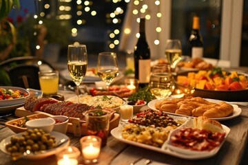 Fototapeta premium Dining table full of dishes with food,drinks and snacks with night lights bokeh background