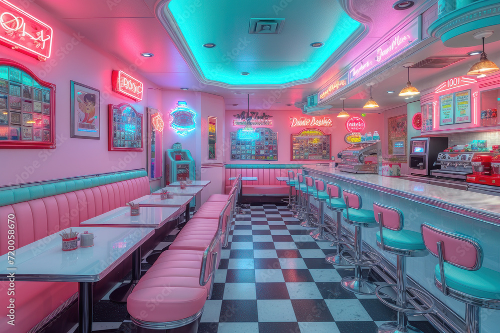 Wall mural colorful retro american diner interior design, bar, cafe