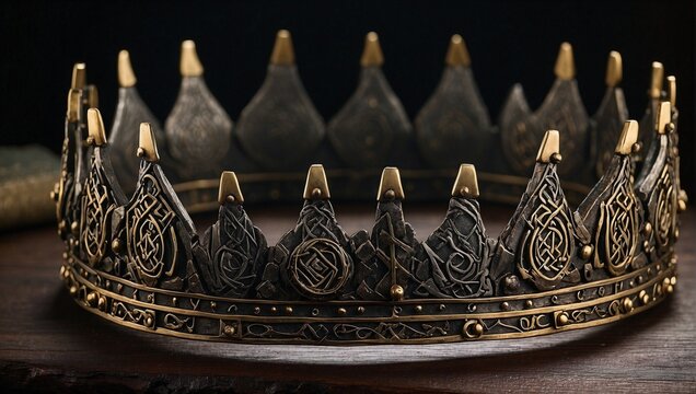 A Viking-inspired crown forged from iron, with intricate Norse runes and small, hammered gold accents Generative AI