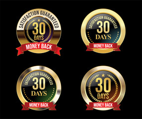 Money back golden badges isolated on black background vector illustration