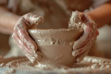 Fototapeta premium hands of a potter. hands crafting a handmade pot, studio setting with natural light . 