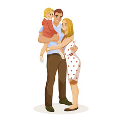 Happy family characters isolated on white background. Parents with child daughter embrace love. Support father and mother. Smiling couple husband and wife. Relationship concept. Vector illustration