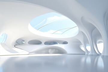 White futuristic architecture. Brightly lit large airy hall, gallery, corridor, fantastic airport terminal. Round minimalistic freeform, organic design. Smooth curves of lines, conceptual building.