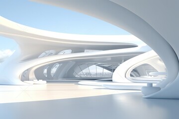 Fototapeta premium White futuristic architecture. Brightly lit large airy hall, gallery, corridor, fantastic airport terminal. Round minimalistic freeform, organic design. Smooth curves of lines, conceptual building.