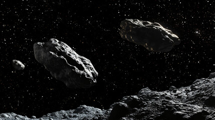 A rendering of asteroids alone on a black background