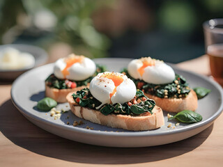 Bruschettas with poached egg and spinach on a plate.