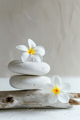 Modern composition of balanced stones and flowers for spa salon or meditation background.