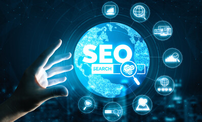 SEO - Search Engine Optimization for Online Marketing Concept. Modern interface showing symbol of...