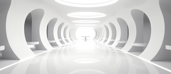 Obraz premium White futuristic architecture. Brightly lit large airy hall, gallery, corridor, fantastic airport terminal. Round minimalistic freeform, organic design. Smooth curves of lines, conceptual building.